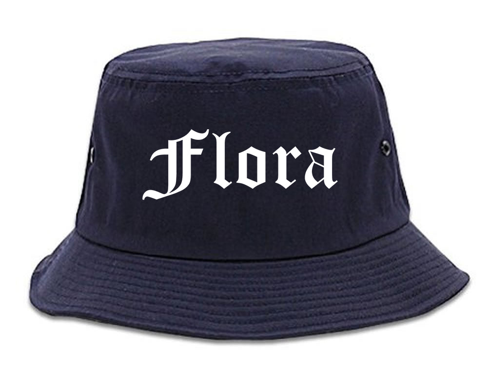 Flora Illinois IL Old English Mens Bucket Hat Navy Blue