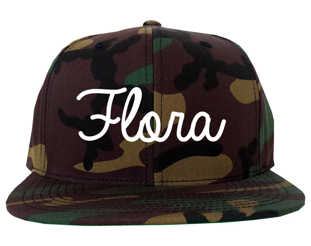 Flora Illinois IL Script Mens Snapback Hat Army Camo