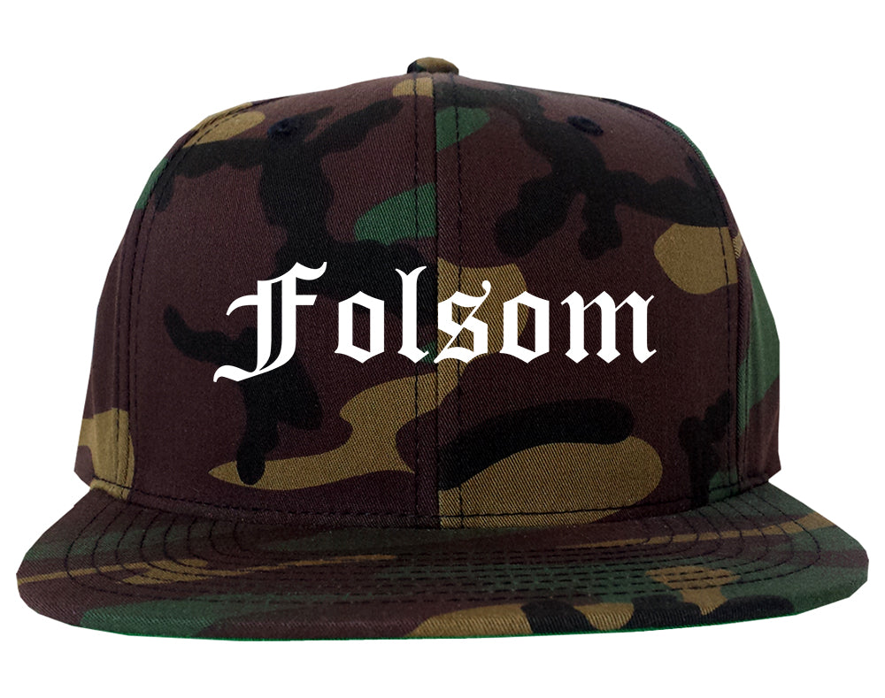 Folsom California CA Old English Mens Snapback Hat Army Camo