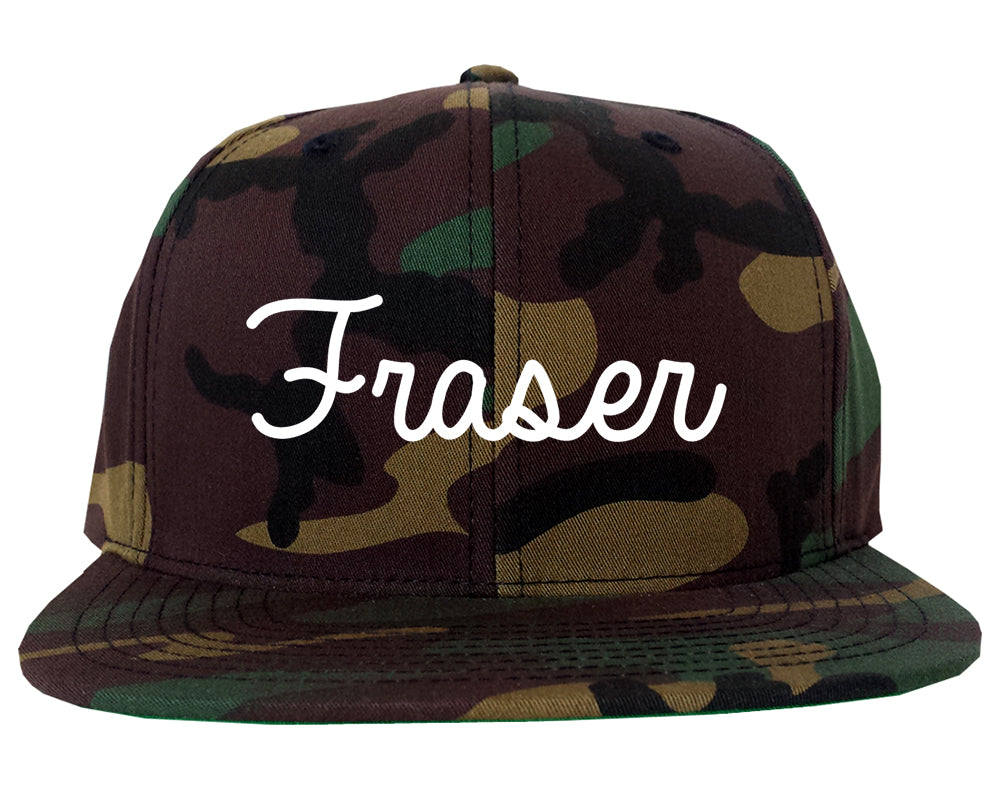 Fraser Michigan MI Script Mens Snapback Hat Army Camo