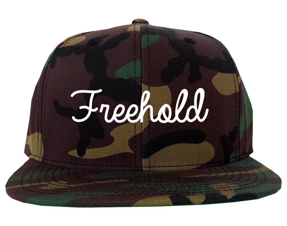 Freehold New Jersey NJ Script Mens Snapback Hat Army Camo