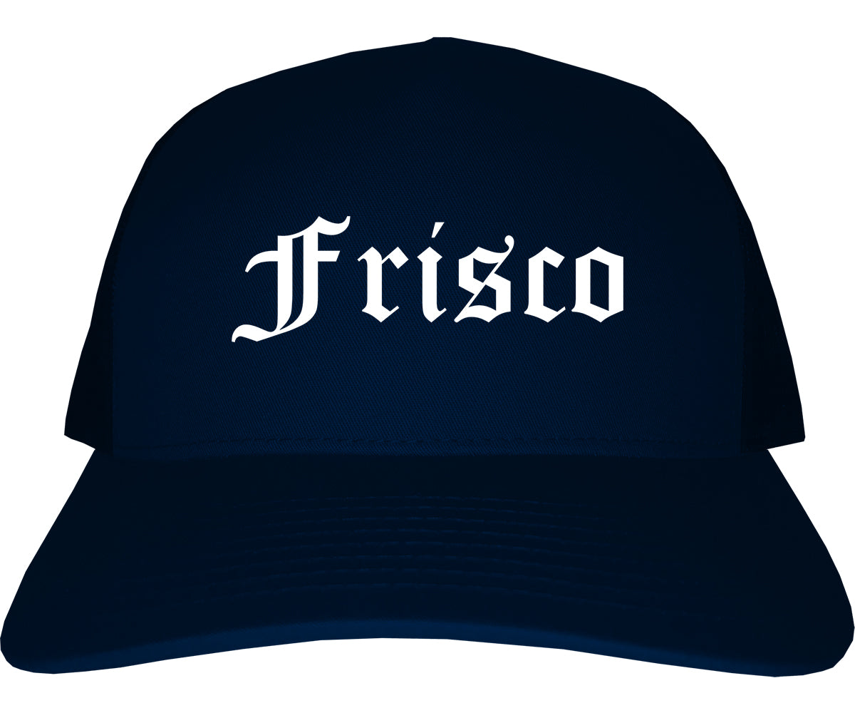 Frisco Texas TX Old English Mens Trucker Hat Cap Navy Blue