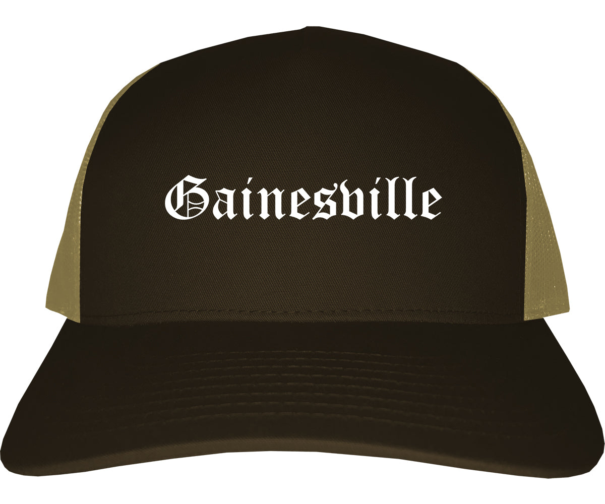 Gainesville Florida FL Old English Mens Trucker Hat Cap Brown