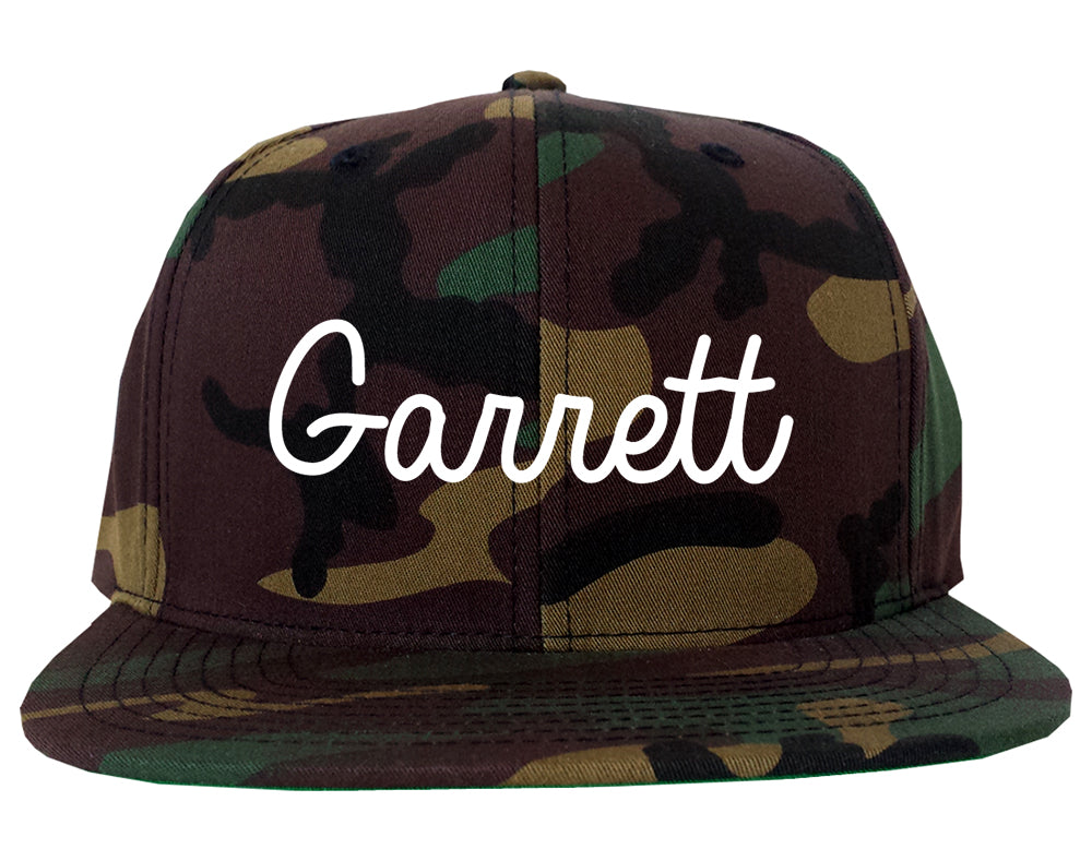 Garrett Indiana IN Script Mens Snapback Hat Army Camo