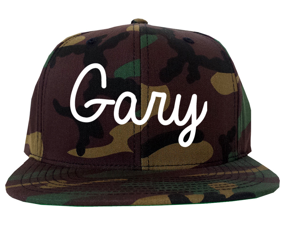 Gary Indiana IN Script Mens Snapback Hat Army Camo