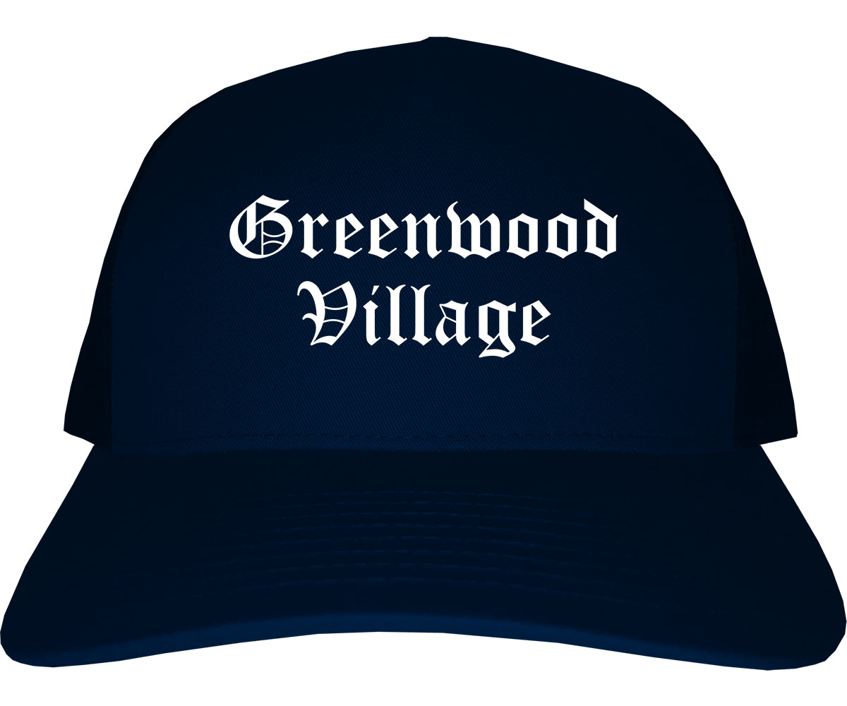 Greenwood Village Colorado CO Old English Mens Trucker Hat Cap Navy Blue