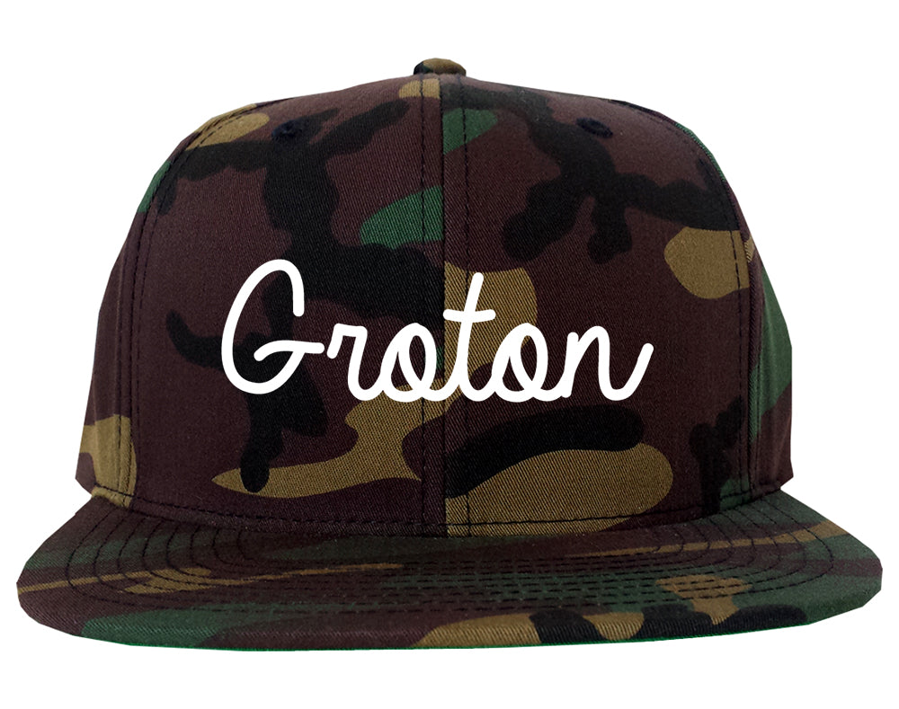 Groton Connecticut CT Script Mens Snapback Hat Army Camo