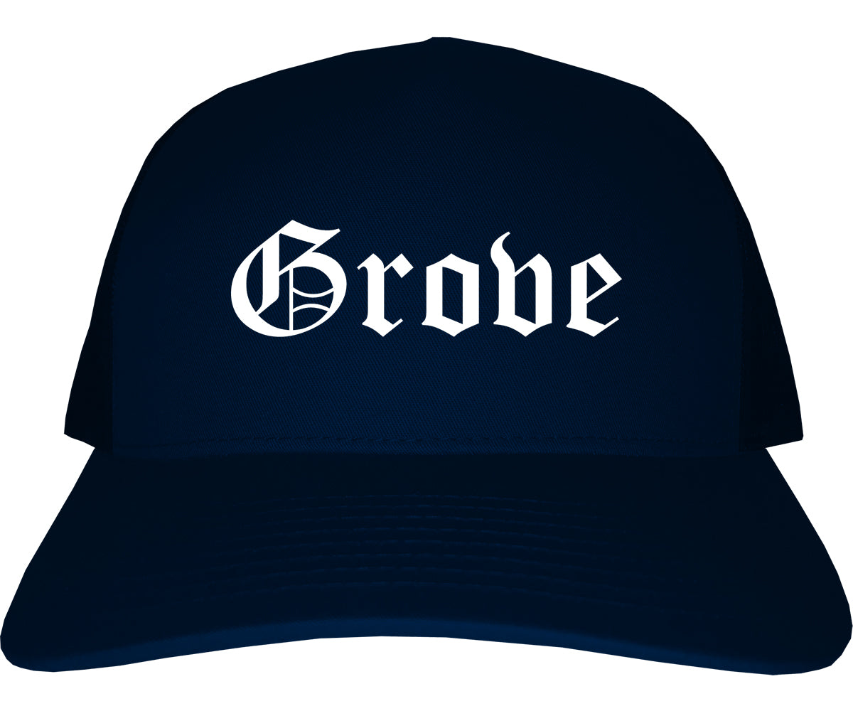 Grove Oklahoma OK Old English Mens Trucker Hat Cap Navy Blue