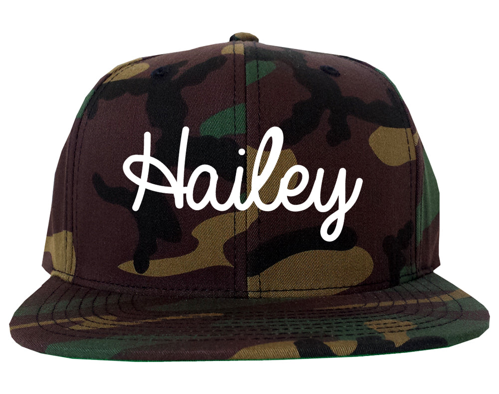 Hailey Idaho ID Script Mens Snapback Hat Army Camo