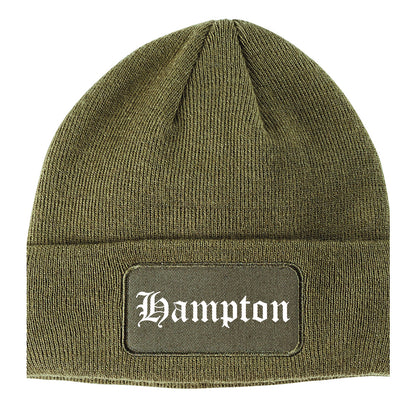 Hampton Virginia VA Old English Mens Knit Beanie Hat Cap Olive Green