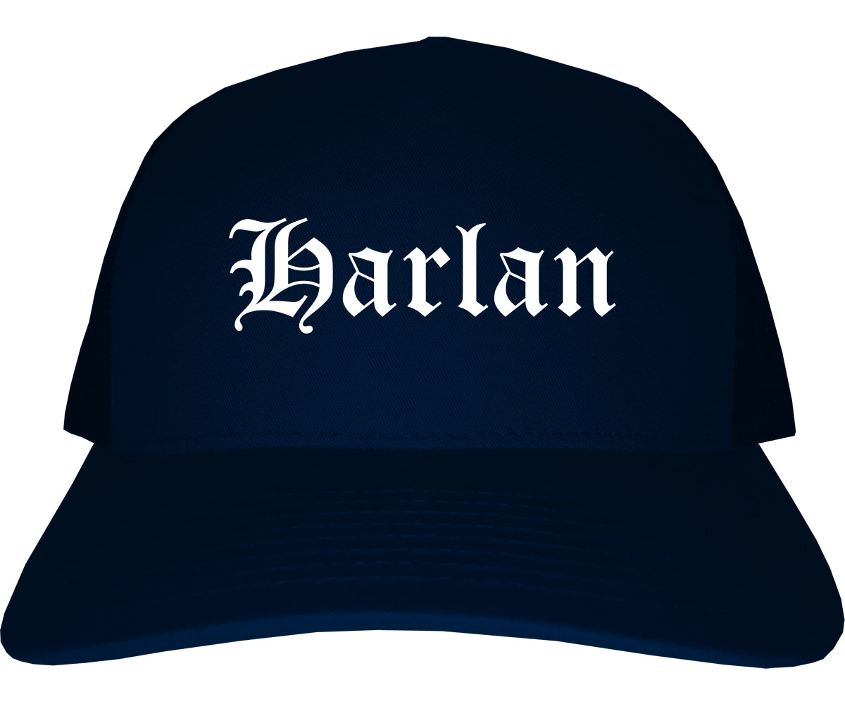 Harlan Iowa IA Old English Mens Trucker Hat Cap Navy Blue