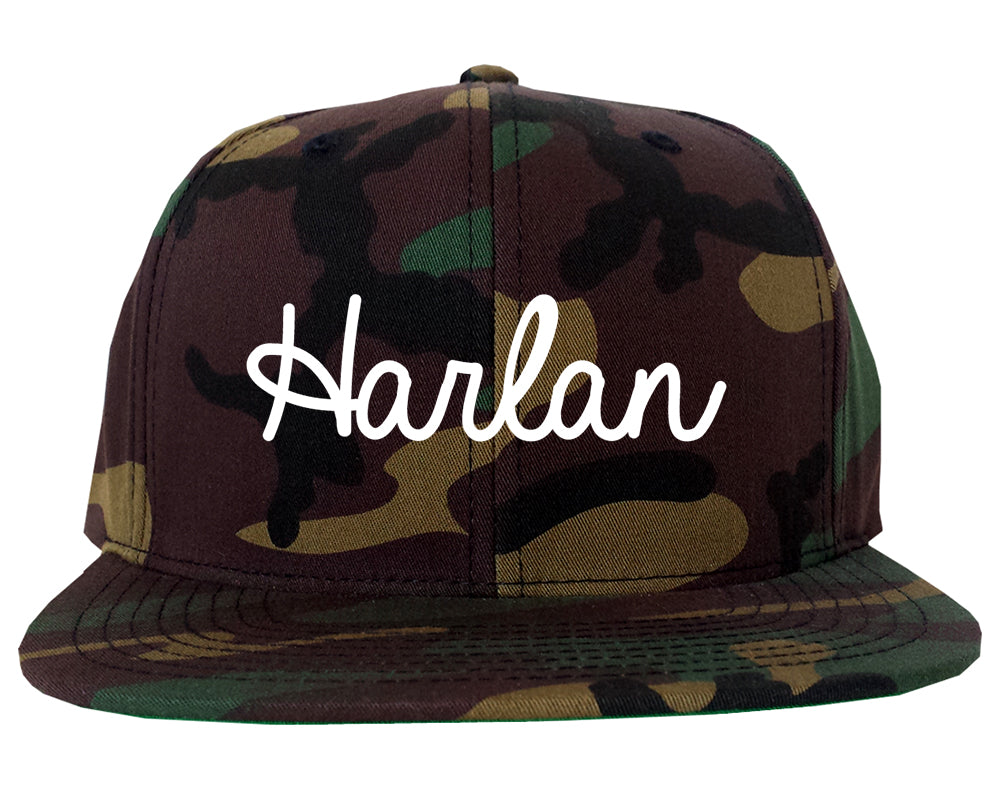 Harlan Iowa IA Script Mens Snapback Hat Army Camo
