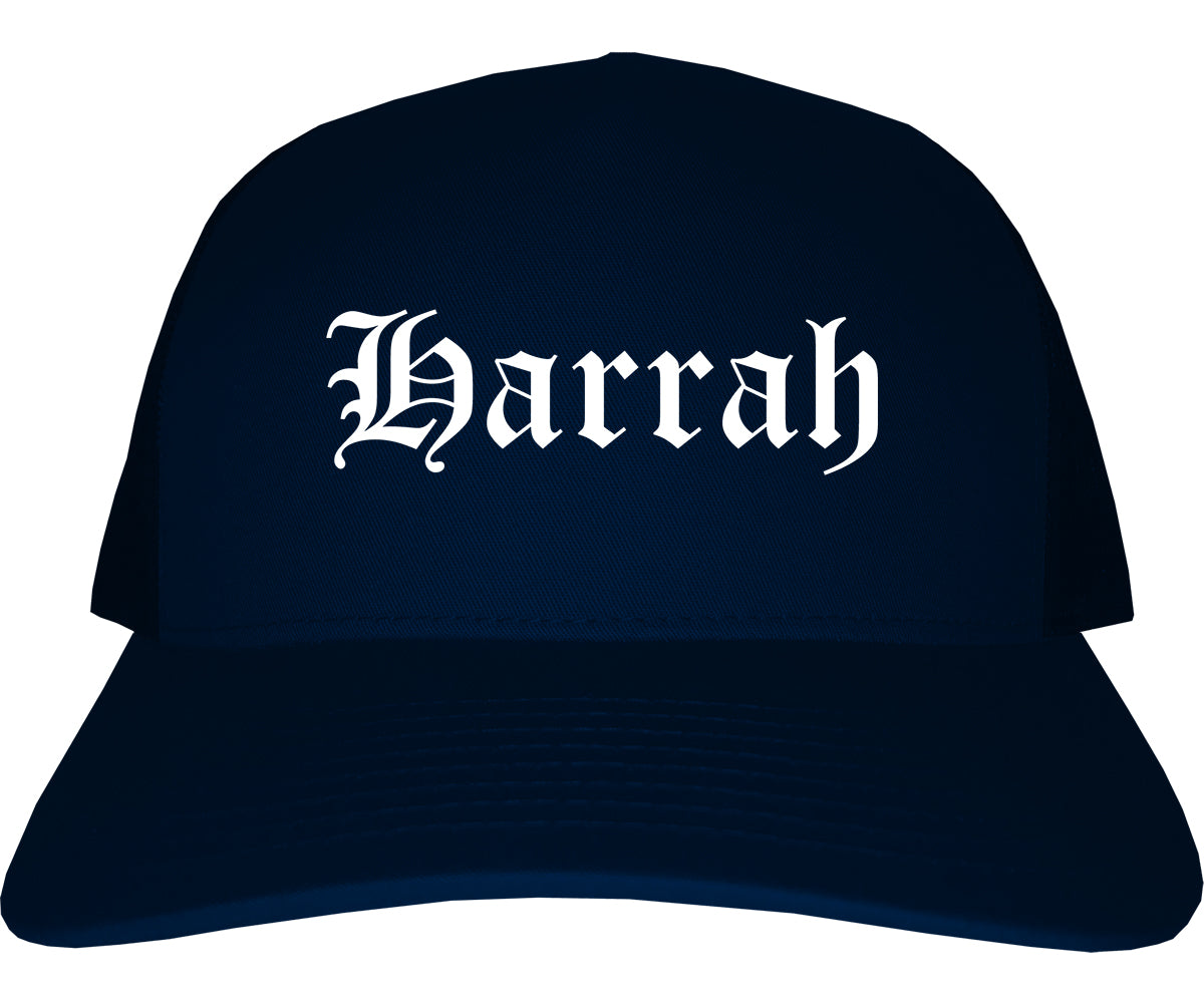 Harrah Oklahoma OK Old English Mens Trucker Hat Cap Navy Blue