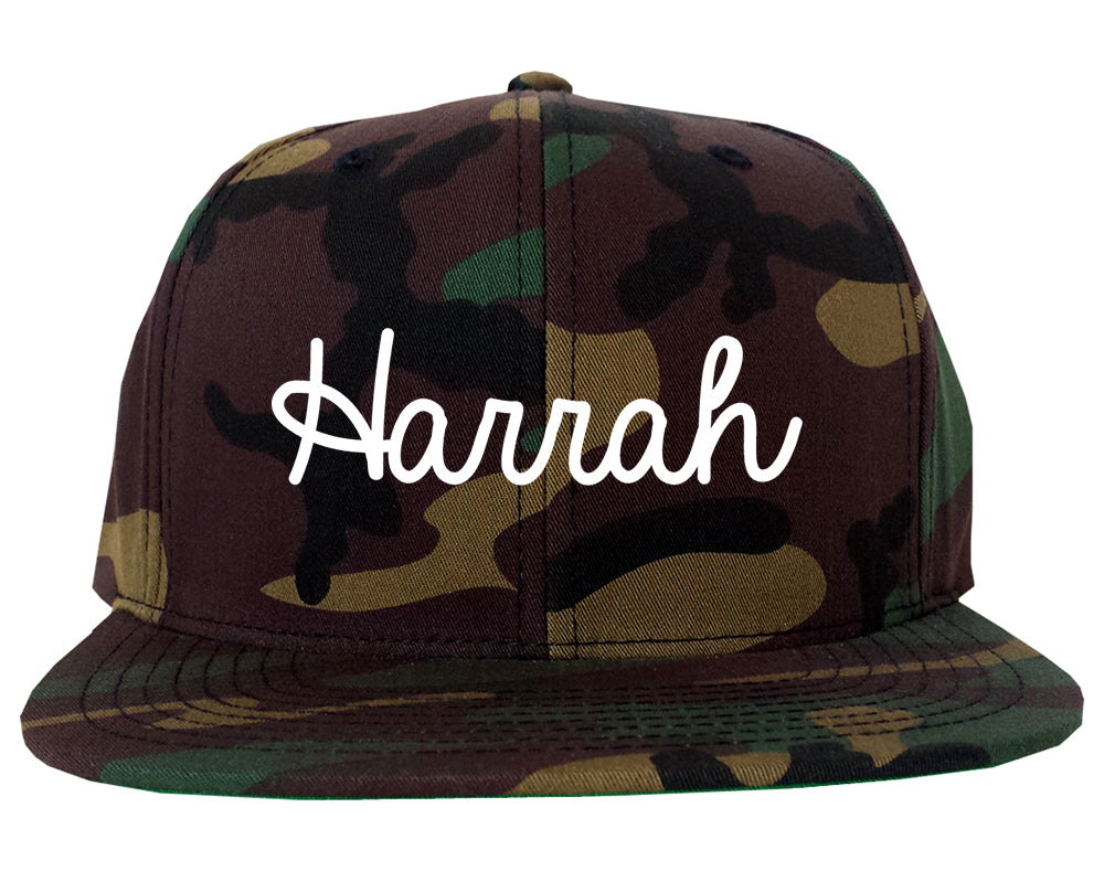 Harrah Oklahoma OK Script Mens Snapback Hat Army Camo