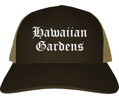 Hawaiian Gardens California CA Old English Mens Trucker Hat Cap Brown