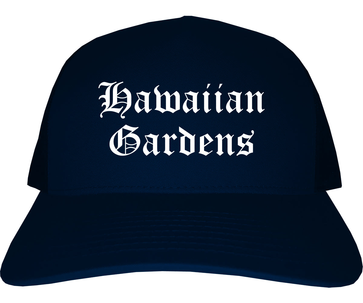 Hawaiian Gardens California CA Old English Mens Trucker Hat Cap Navy Blue