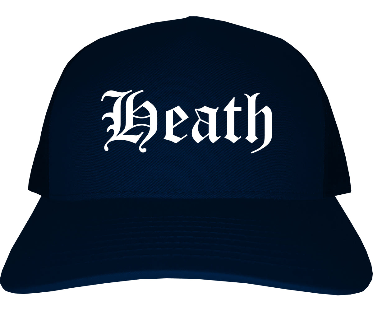 Heath Texas TX Old English Mens Trucker Hat Cap Navy Blue