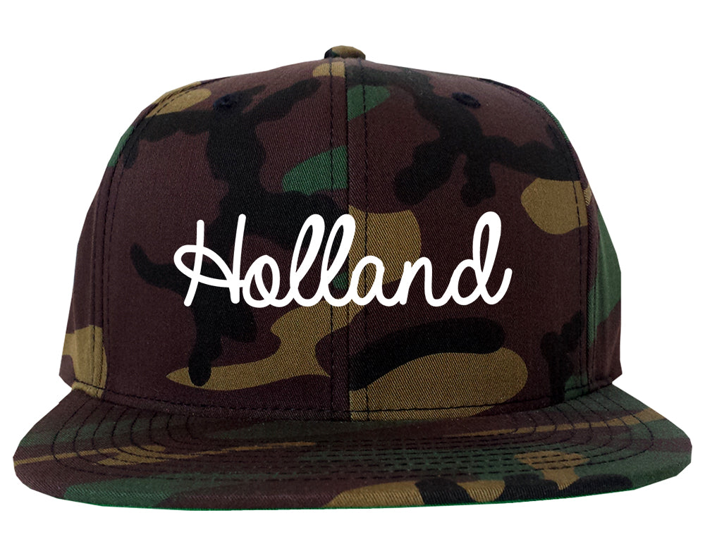 Holland Michigan MI Script Mens Snapback Hat Army Camo