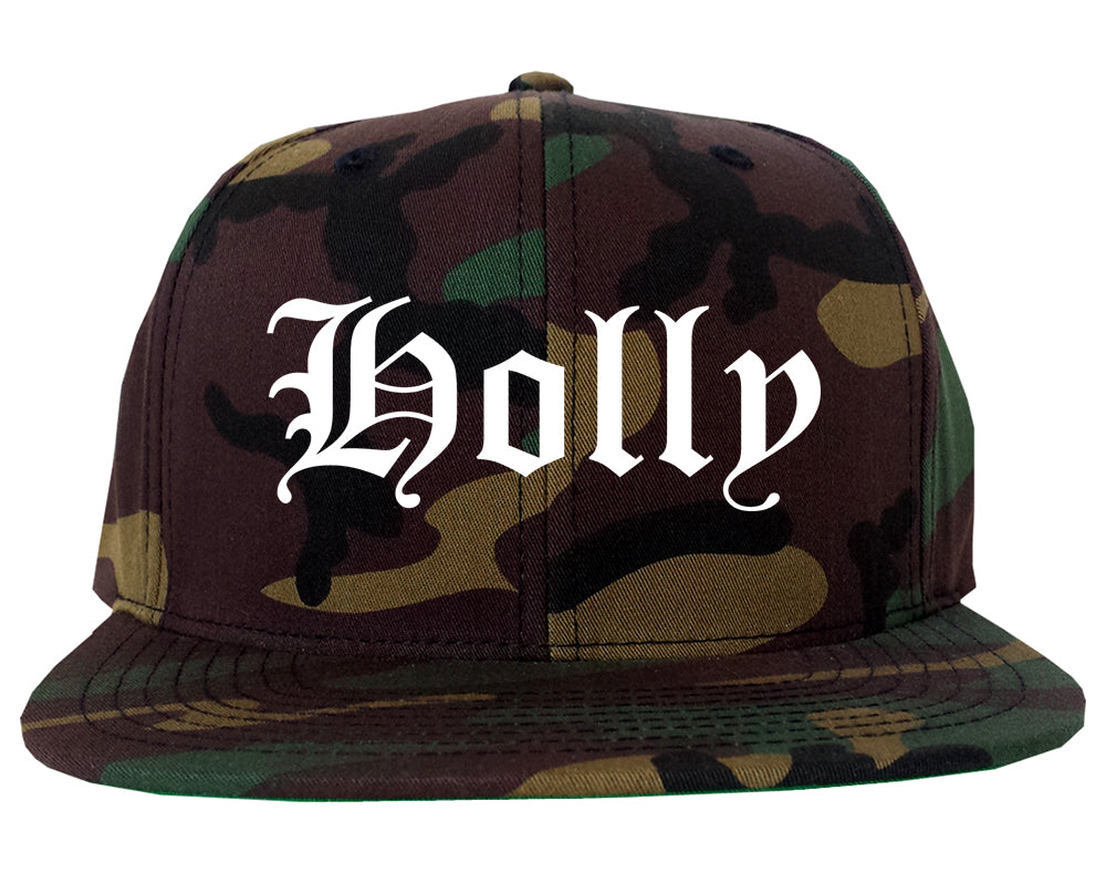 Holly Michigan MI Old English Mens Snapback Hat Army Camo