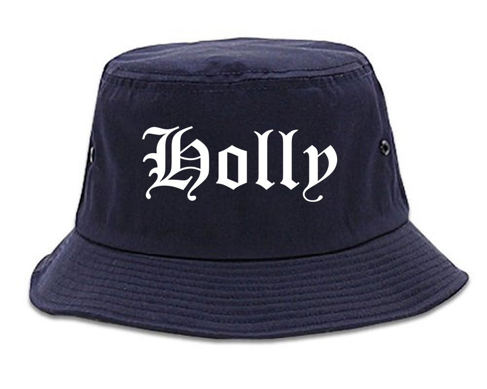 Holly Michigan MI Old English Mens Bucket Hat Navy Blue