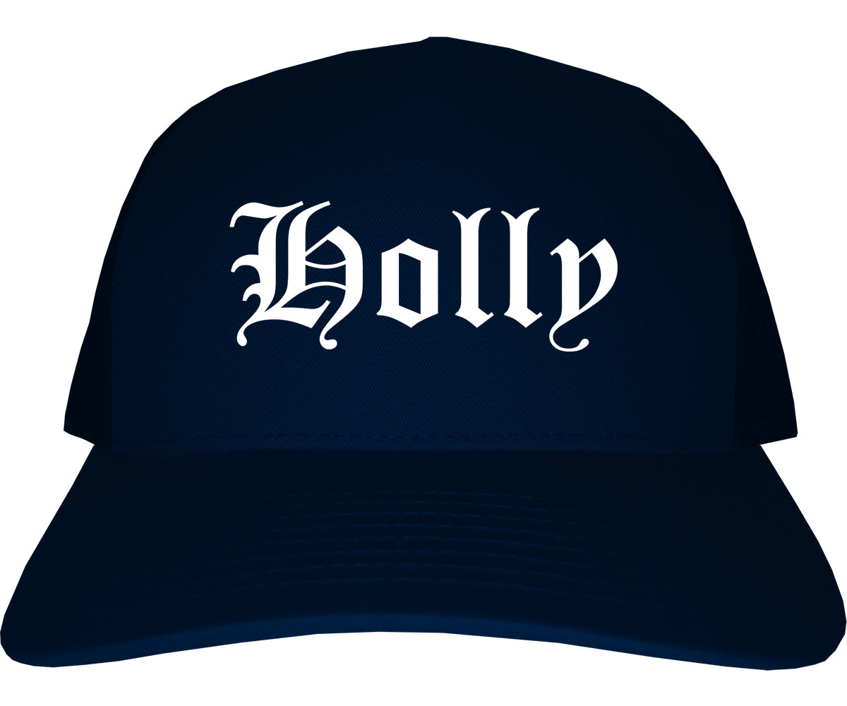 Holly Michigan MI Old English Mens Trucker Hat Cap Navy Blue