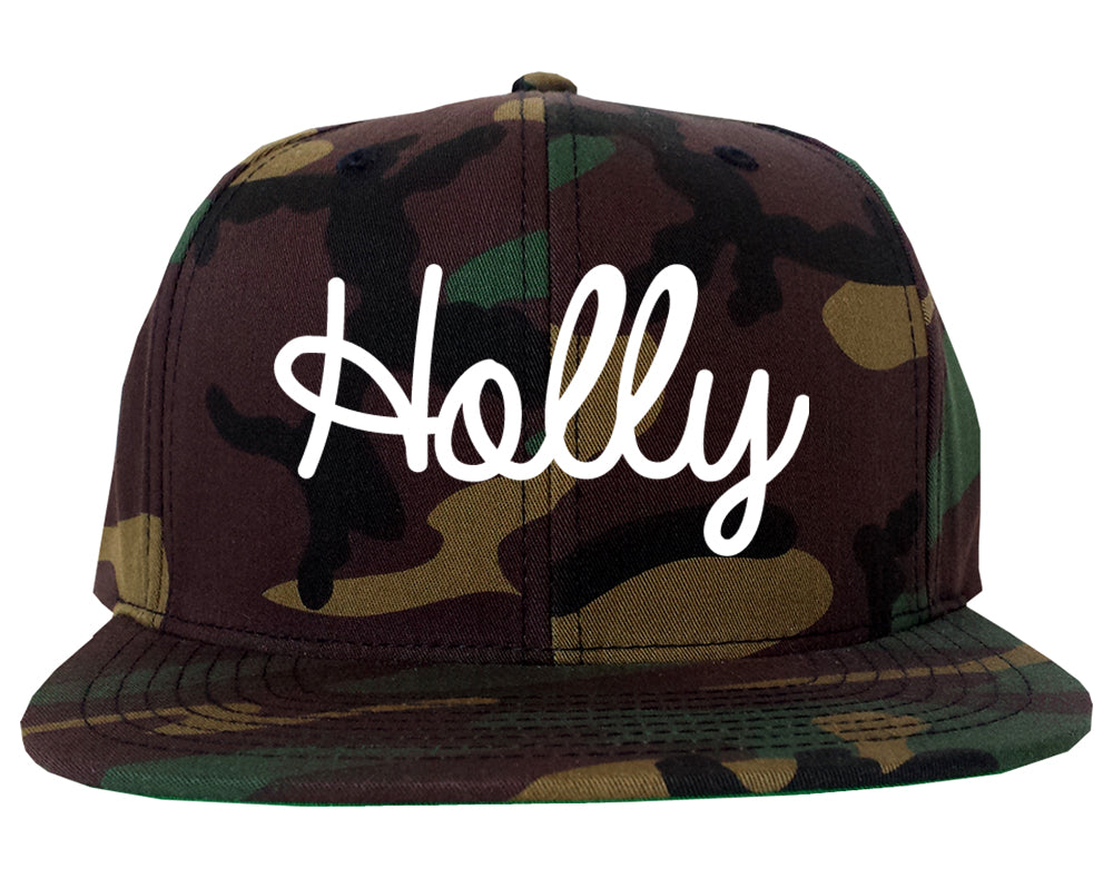Holly Michigan MI Script Mens Snapback Hat Army Camo