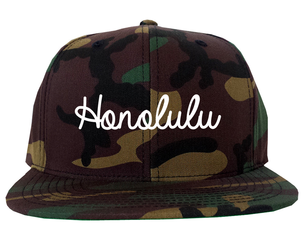 Honolulu Hawaii HI Script Mens Snapback Hat Army Camo
