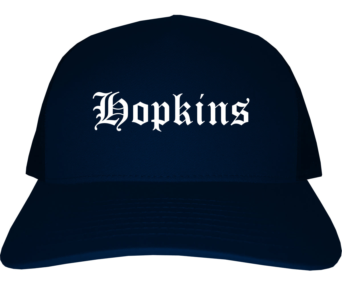 Hopkins Minnesota MN Old English Mens Trucker Hat Cap Navy Blue