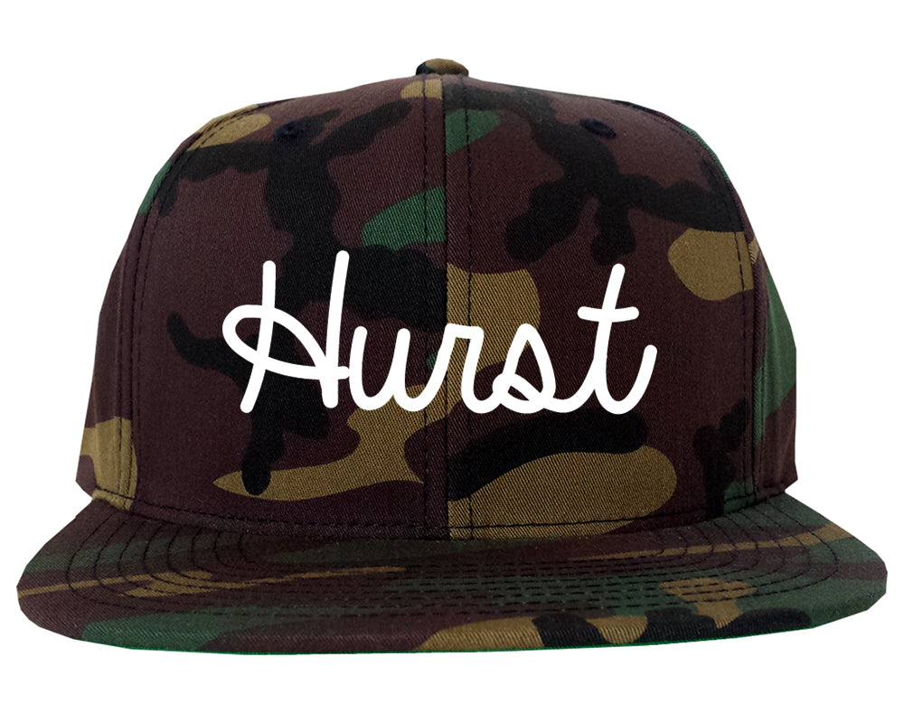 Hurst Texas TX Script Mens Snapback Hat Army Camo