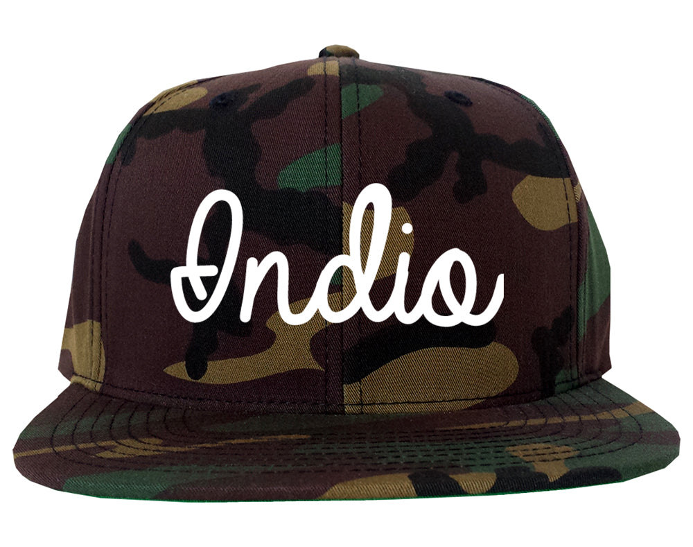 Indio California CA Script Mens Snapback Hat Army Camo