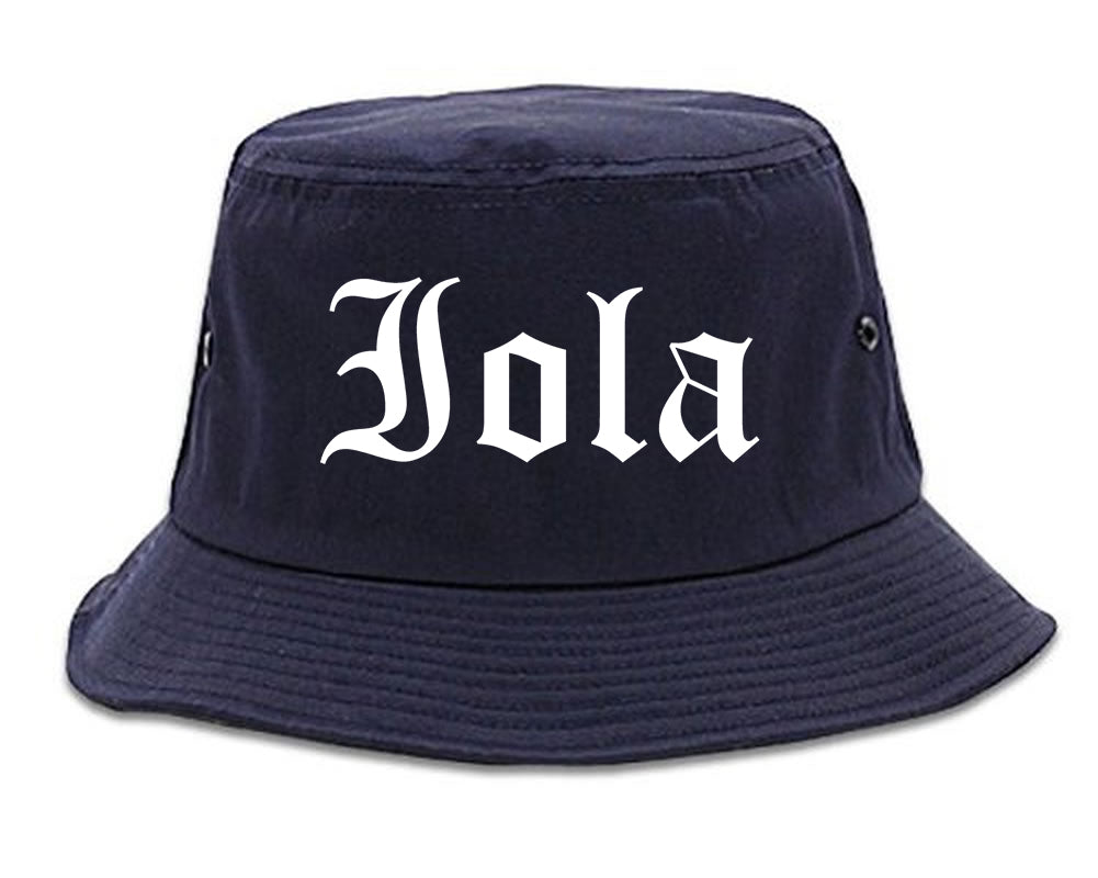 Iola Kansas KS Old English Mens Bucket Hat Navy Blue