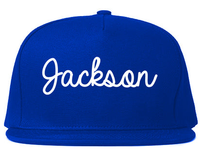 Jackson Wyoming WY Script Mens Snapback Hat Royal Blue