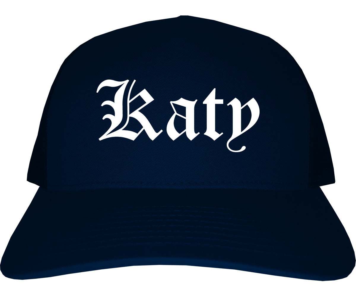 Katy Texas TX Old English Mens Trucker Hat Cap Navy Blue