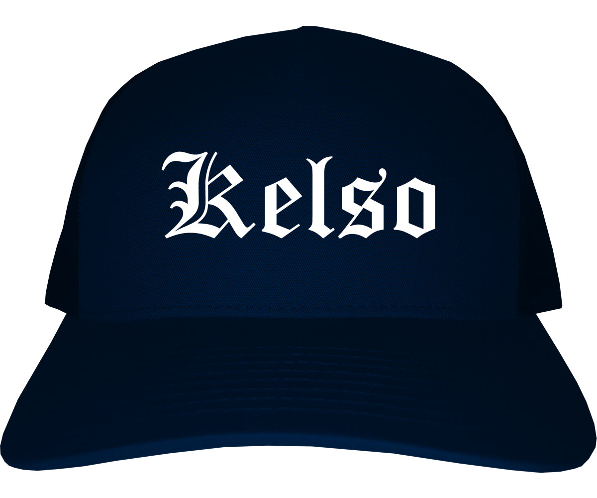 Kelso Washington WA Old English Mens Trucker Hat Cap Navy Blue