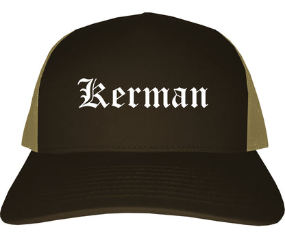 Kerman California CA Old English Mens Trucker Hat Cap Brown