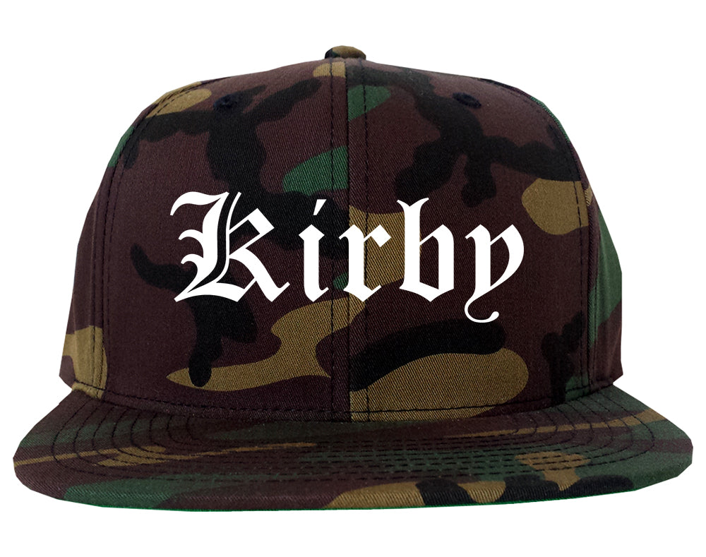 Kirby Texas TX Old English Mens Snapback Hat Army Camo
