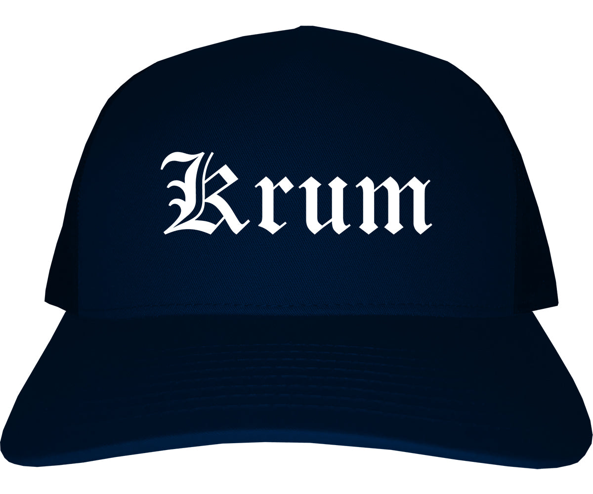 Krum Texas TX Old English Mens Trucker Hat Cap Navy Blue