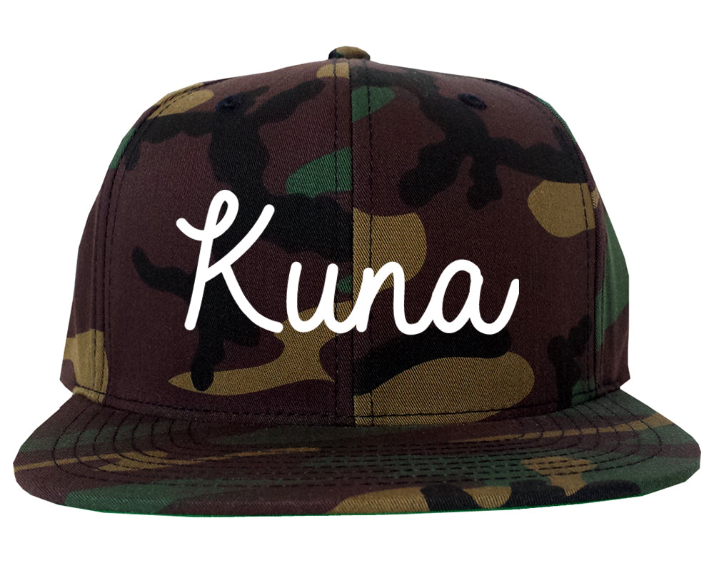 Kuna Idaho ID Script Mens Snapback Hat Army Camo