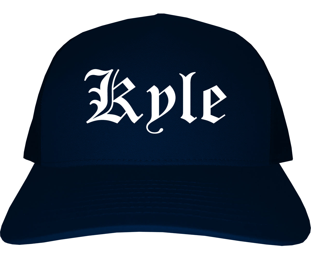 Kyle Texas TX Old English Mens Trucker Hat Cap Navy Blue