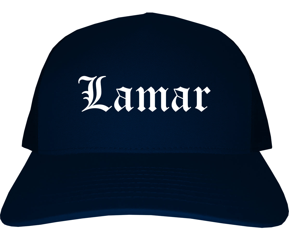 Lamar Colorado CO Old English Mens Trucker Hat Cap Navy Blue