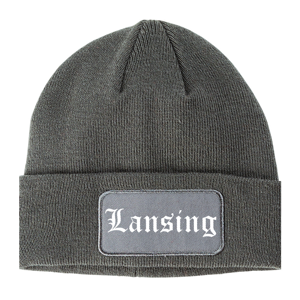 Lansing Michigan MI Old English Mens Knit Beanie Hat Cap Grey