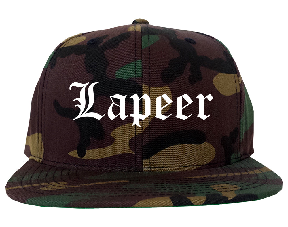 Lapeer Michigan MI Old English Mens Snapback Hat Army Camo