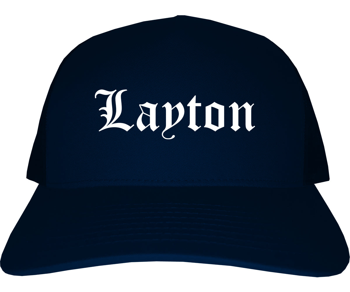 Layton Utah UT Old English Mens Trucker Hat Cap Navy Blue