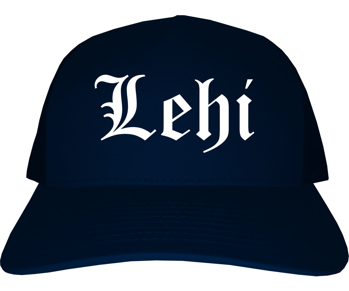 Lehi Utah UT Old English Mens Trucker Hat Cap Navy Blue