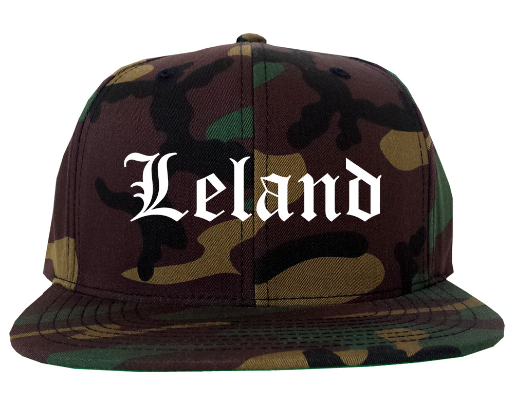 Leland North Carolina NC Old English Mens Snapback Hat Army Camo