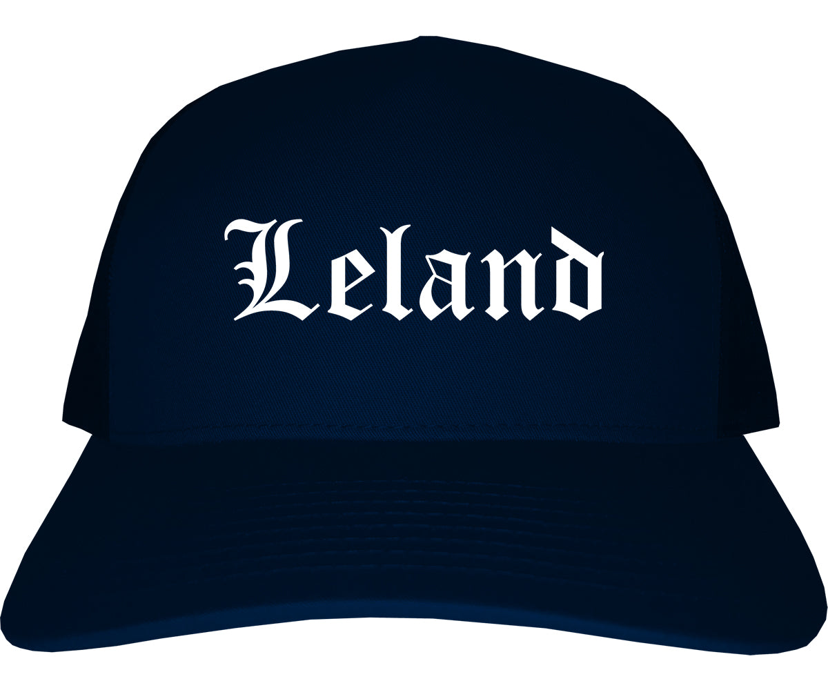 Leland North Carolina NC Old English Mens Trucker Hat Cap Navy Blue