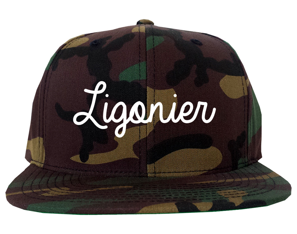 Ligonier Indiana IN Script Mens Snapback Hat Army Camo