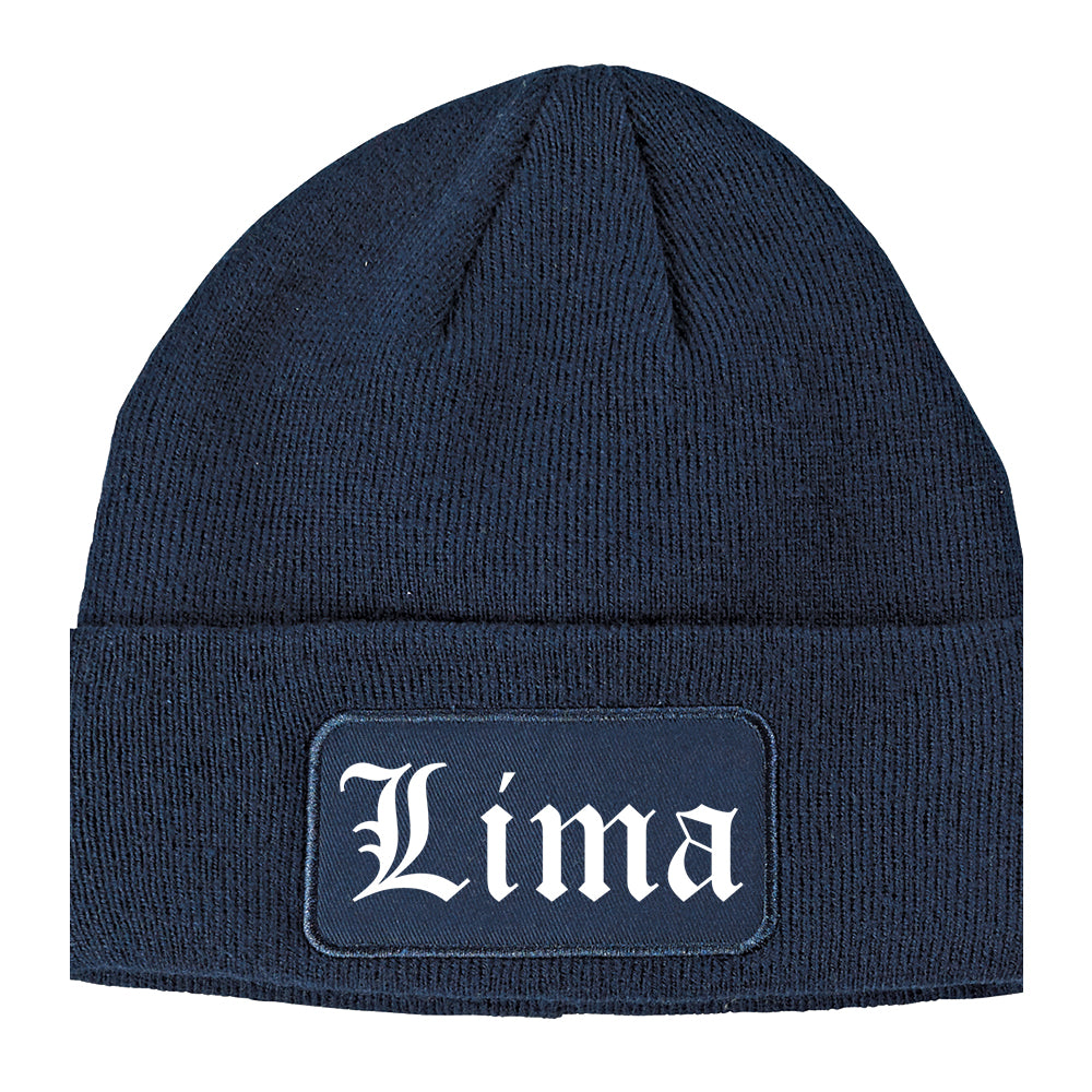 Lima Ohio OH Old English Mens Knit Beanie Hat Cap Navy Blue