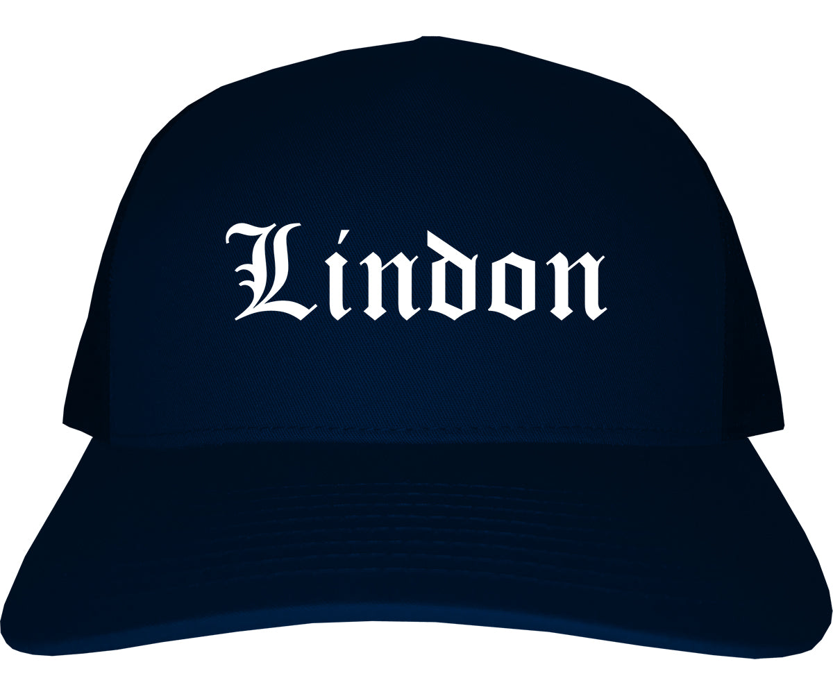 Lindon Utah UT Old English Mens Trucker Hat Cap Navy Blue