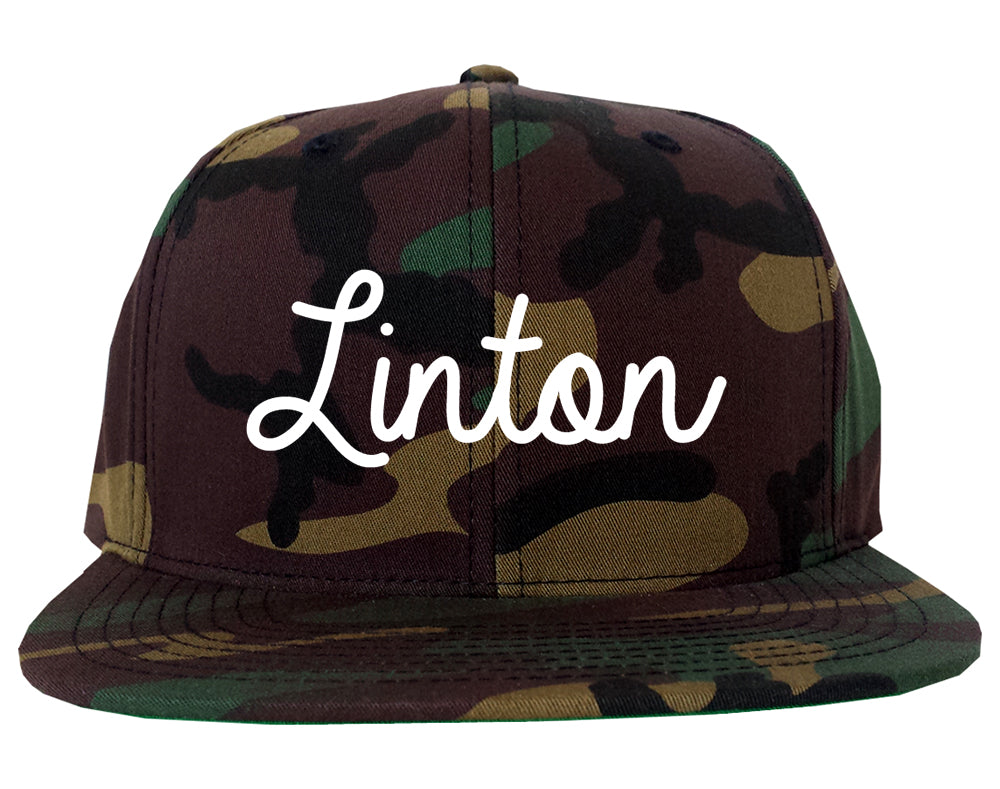 Linton Indiana IN Script Mens Snapback Hat Army Camo